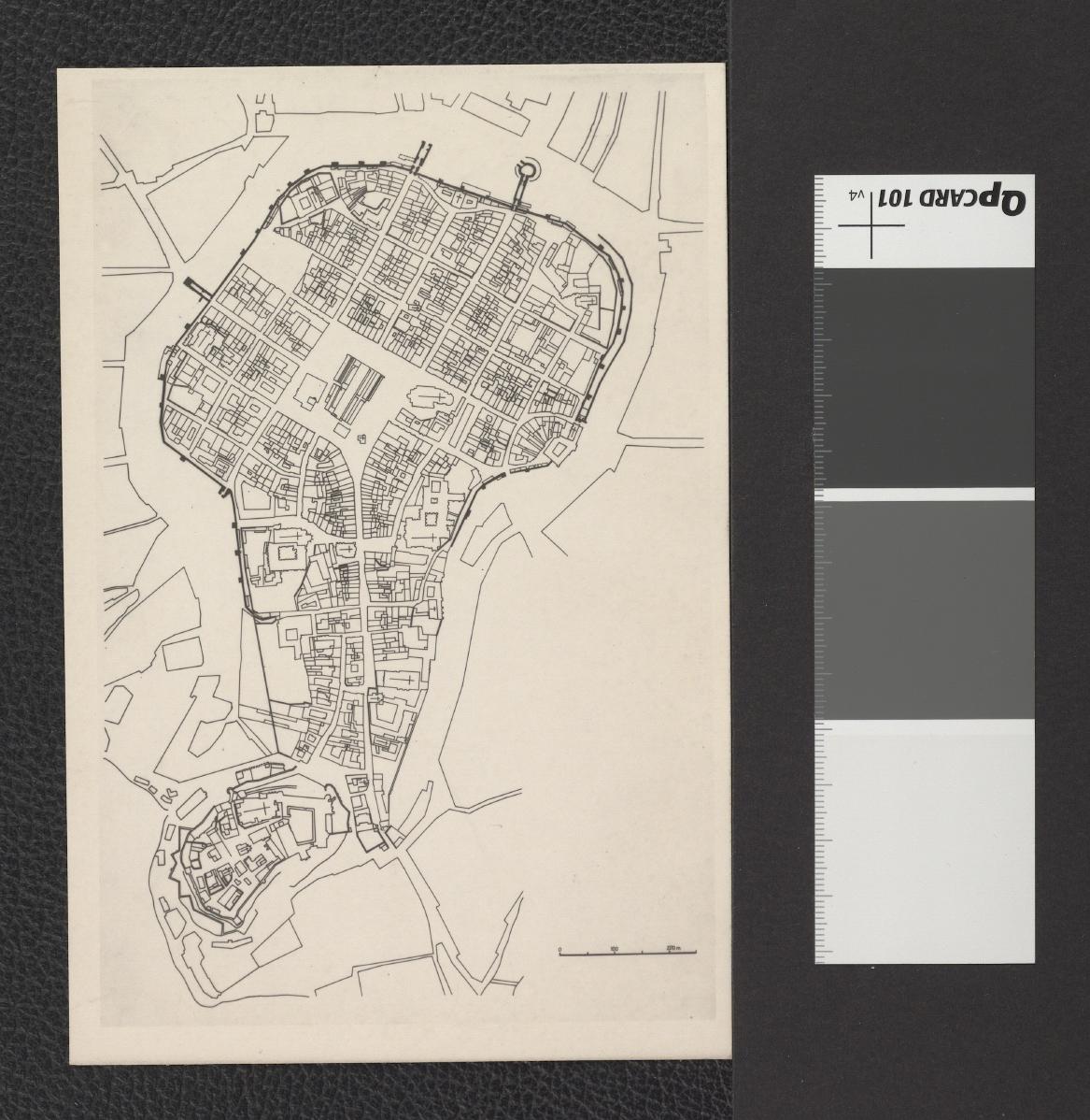 dwubarwny przerys planu katastralnego z lat 1848-1856 wykonany przez G. Ciołka przedstawiający plan zabudowy Starego Miasta, skan 3