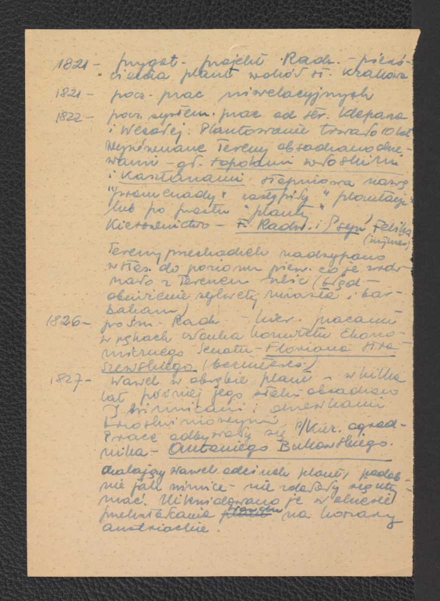 wypis z Dobrzycki J. zawierający chronologię miejscowego założenia ogrodowego, skan 2