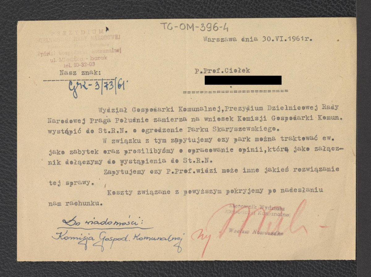 zapytanie ze strony kierownika Wydziału Gospodarki Komunalnej Dzielnicowej Rady Narodowej do Gerarda Ciołka z dnia 30 kwietnia 1961 roku w sprawie opracowania opinii co do traktowania miejscowego parku jako zabytek, skan 1