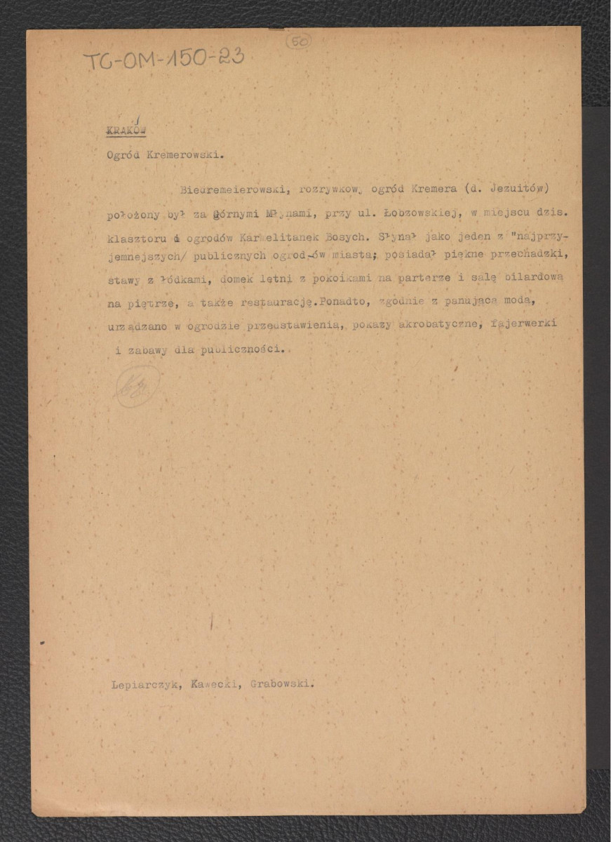 notatka kompilowana na podstawie Lepiarczyk, Kawecki, Grabowski dotycząca ogrodu kremerowskiego, skan 1