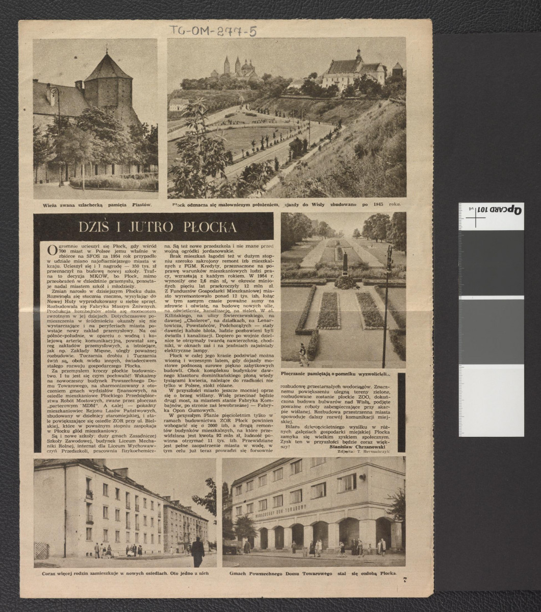 karta z czasopisma „Stolica” nr 42 z 1955 roku zawierająca artykuł Stanisława Chrzanowskiego „Dziś i jutro Płocka” wzbogacony o reprodukcje fotografii T. Hermańczyka, skan 1