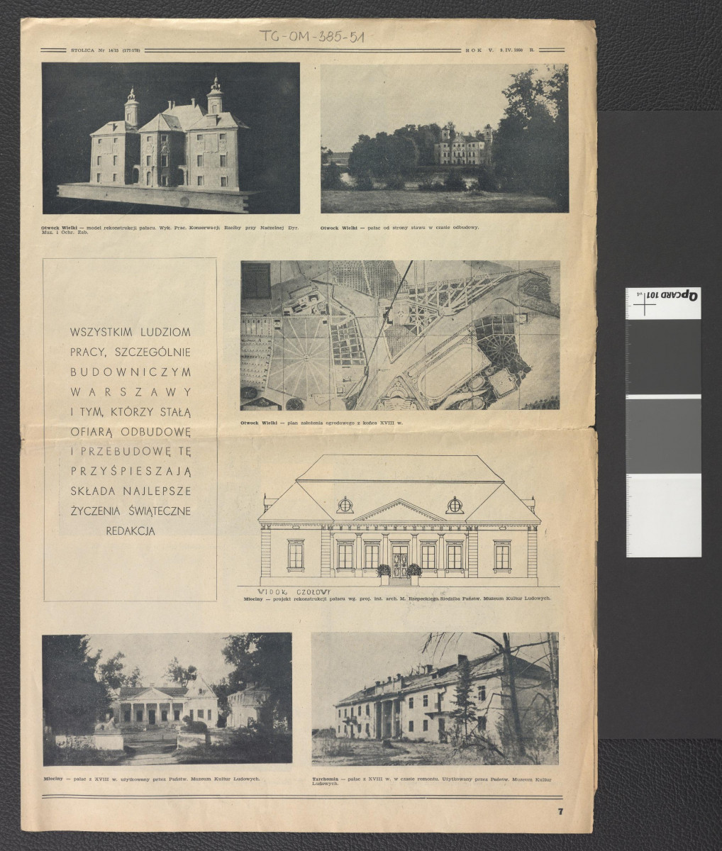 przykłady zabytków z terenów Mazowsza (karta z czasopisma „Stolica” nr 14/15 z 9 kwietnia 1950 roku zawierające dwubarwne reprodukcje fotografii), skan 1