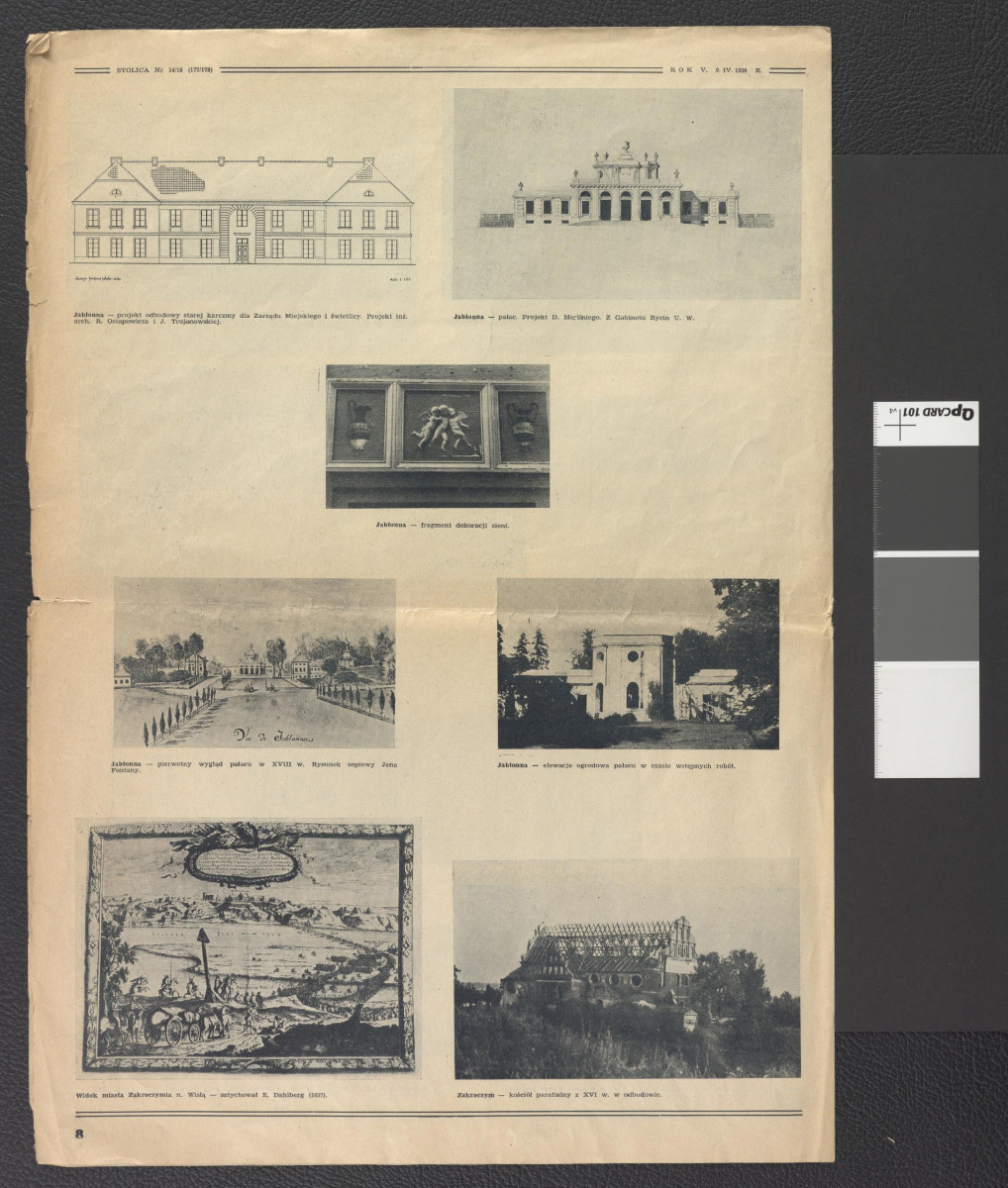 przykłady zabytków z terenów Mazowsza (karta z czasopisma „Stolica” nr 14/15 z 9 kwietnia 1950 roku zawierające dwubarwne reprodukcje fotografii), skan 2
