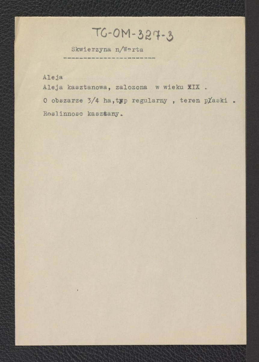 wypisy prawdopodobnie ze Sprawozdania Konserwatorskiego dotyczące alei kasztanowej zaistniałej w XIX wieku oraz parku miejskiego usytuowanego pomiędzy ulicą Parkową, a Kamienną, skan 1