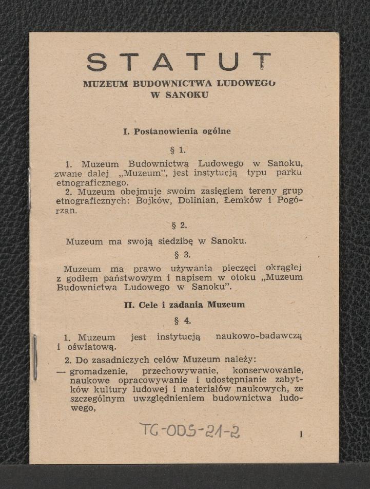 Statut Muzeum Budownictwa Ludowego w Sanoku , skan 1