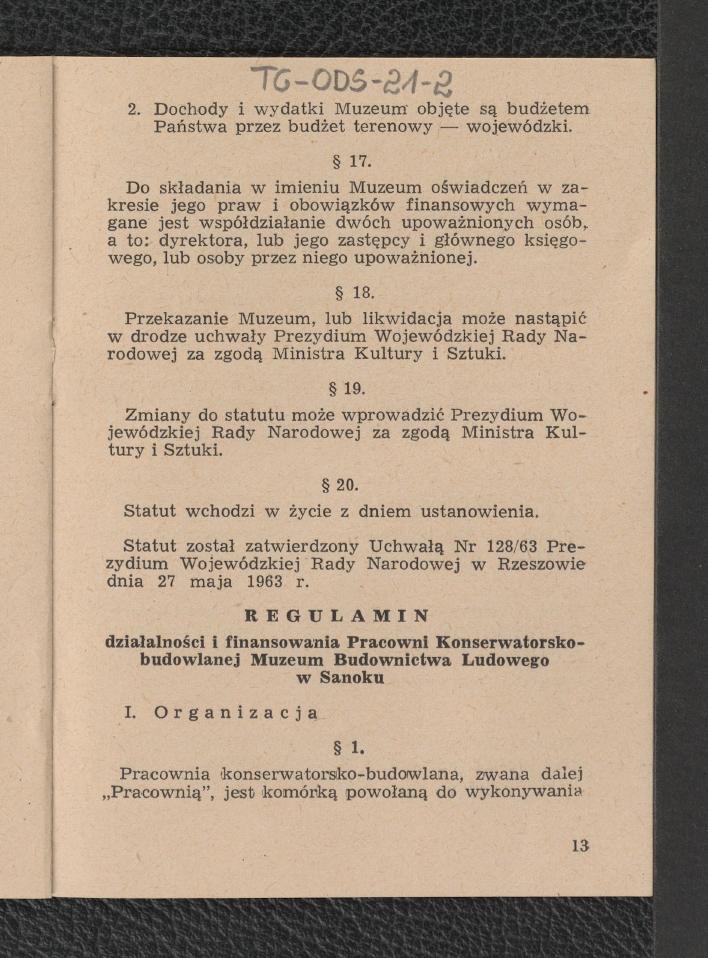 Statut Muzeum Budownictwa Ludowego w Sanoku , skan 13