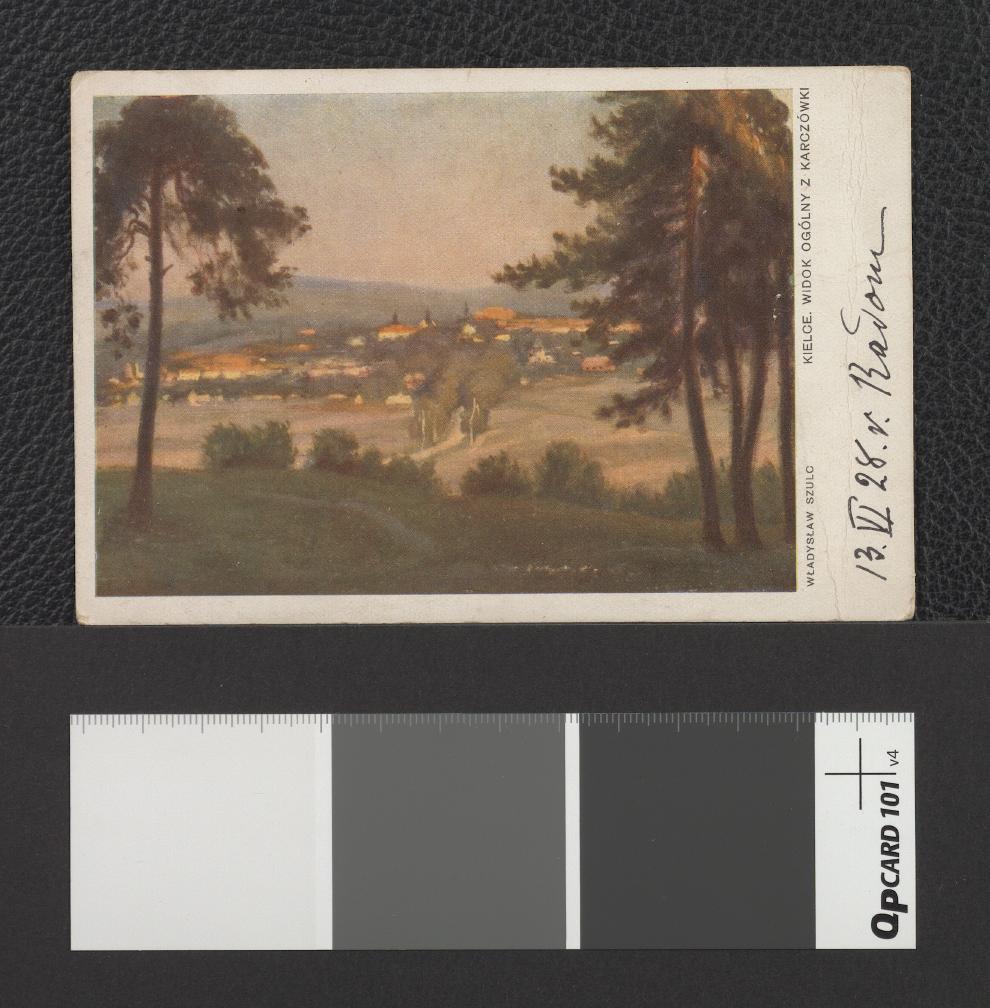 reprodukcja obrazu olejnego autorstwa Władysława Szulca w formie karty pocztowej przedstawiającego widok na Kielce od strony Karczówki, skan 1