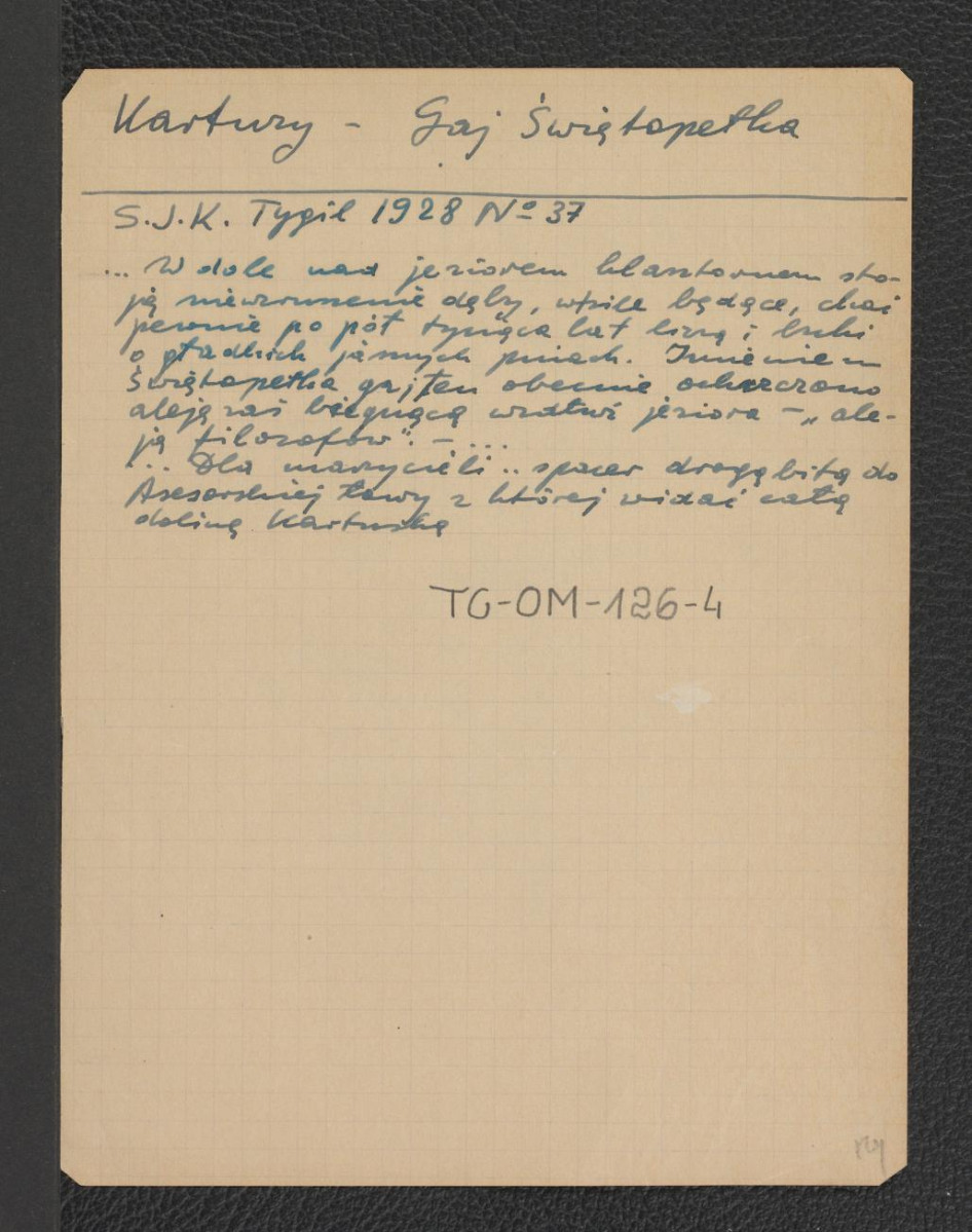 wypis z S.J.K. „Tygodnika Ilustrowanego”, nr 37 (1928) wzmiankujący dęby nad miejscowym jeziorem, skan 1