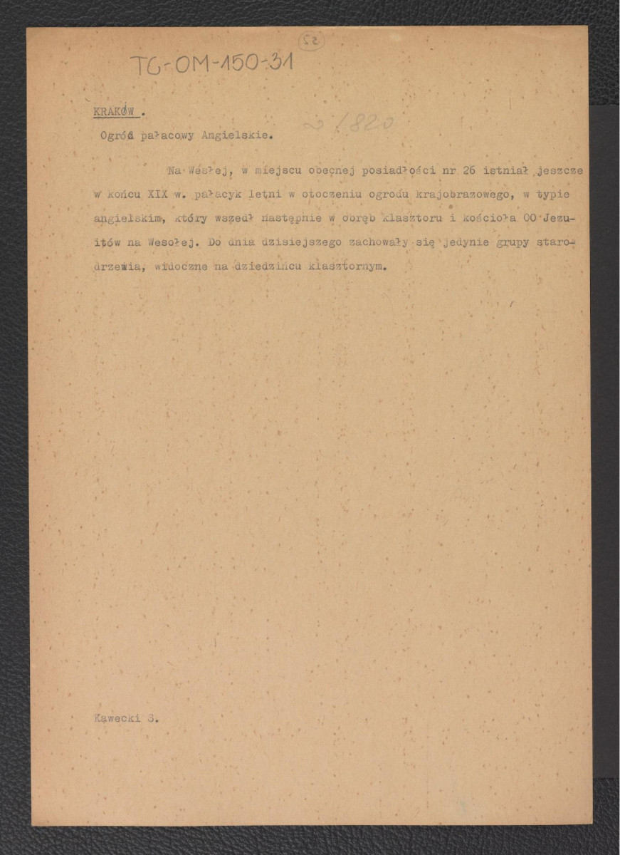 notatka na podstawie Kawecki S. dotycząca ogrodu pałacowego na Wesołej przy ówczesnej posiadłości nr 26, skan 1
