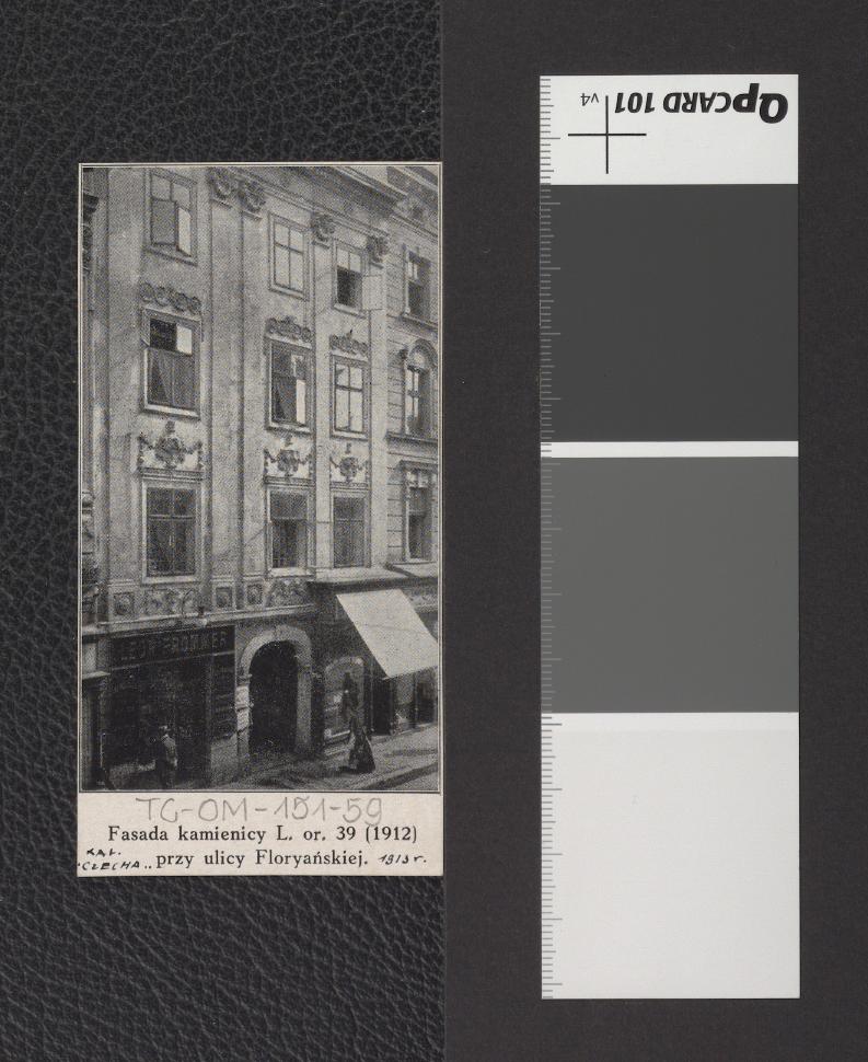 wycinek z KAL „Czecha” 1911 zawierający reprodukcję fotografii czarno-białej; przedstawia fasadę kamienicy L. w. 39 (1912) przy ul. Floriańskiej, skan 1