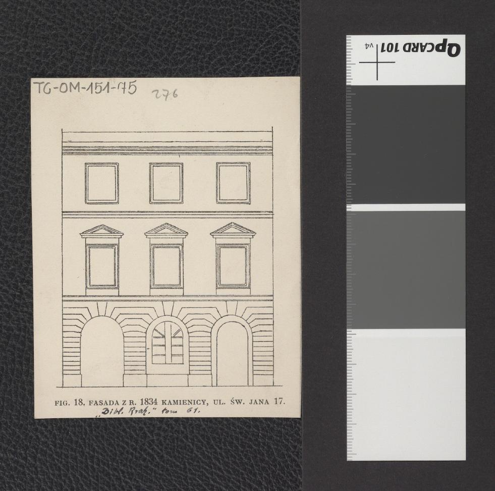 wycinek z „Biblioteki Krakowa” t. 61 zawierający reprodukcję rysunku przedstawiającego fasadę kamienicy przy ul. Jana 17 z 1834 r., skan 1