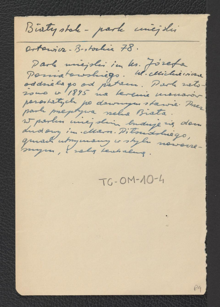 wypis z Orłowicz M., Przewodnik ilustrowany po województwie białostockim z ilustracjami, planami i mapami, Białystok 1937, s. 78 dotyczący usytuowania pałacowego parku, skan 1