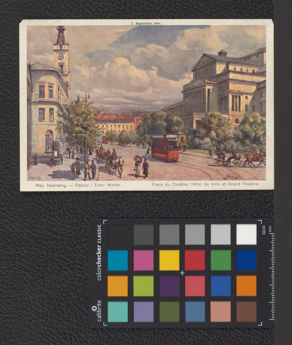 Plac Teatralny: Ratusz i Teatr Wielki (reprodukcja barwnej pocztówki z epoki wykonana na podstawie akwareli Janiny Bagieńskiej), skan 1