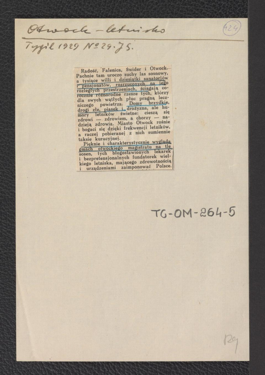 wycinek z „Tygodnika Ilustrowanego” nr 29 (1929) zawierający fragment tekstu wzmiankującego miejscowe sanatoria, pensjonaty oraz gmach otwockiego magistratu, skan 1