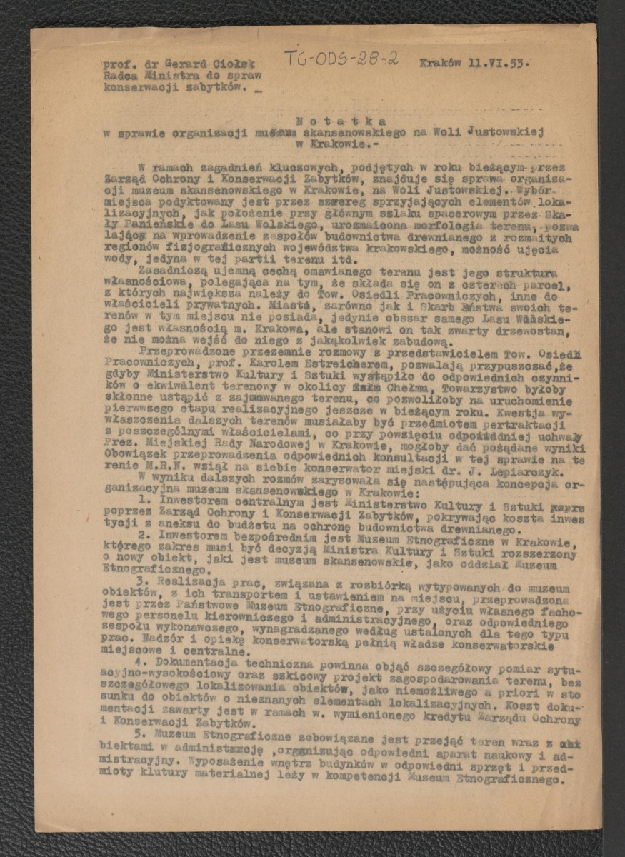 notatka Gerarda Ciołka z dnia 11 czerwca 1953 r. w sprawie organizacji muzum skansenowskiego na Woli Justowskiej w Krakowie , skan 1