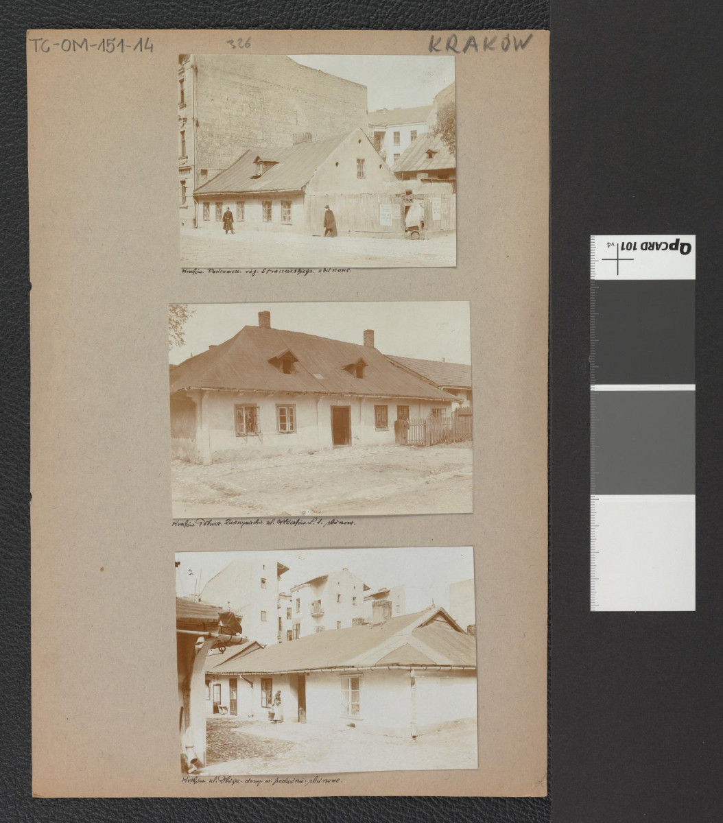 trzy fotografie wykonane przed I wojną światową przedstawiające: róg ul. Straszewskiego na Podzamczu, fragment zabudowy mieszkalnej prawdopodobnie na Podgórzu oraz ul. Długą z tamtejszymi domami na podwórzu, skan 1