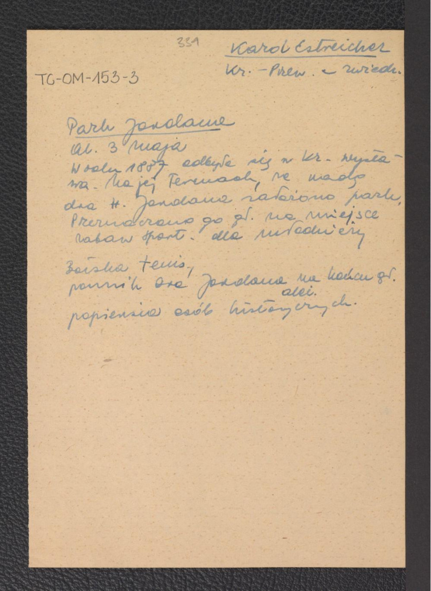 wypis z Estreicher K., Kraków: przewodnik dla zwiedzających miasto i jego okolice, Kraków, 1931 dotyczący usytuowania miejscowego parku, skan 1