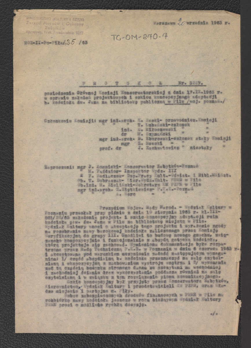 protokół z posiedzenia Głównej Komisji Konserwatorskiej z dnia 17 września 1963 roku w sprawie założeń projektowych i szkicu koncepcyjnego adaptacji b. kościoła św. Jana na bibliotekę publiczną we wspomnianej miejscowości z dnia 20 września 1963, skan 1