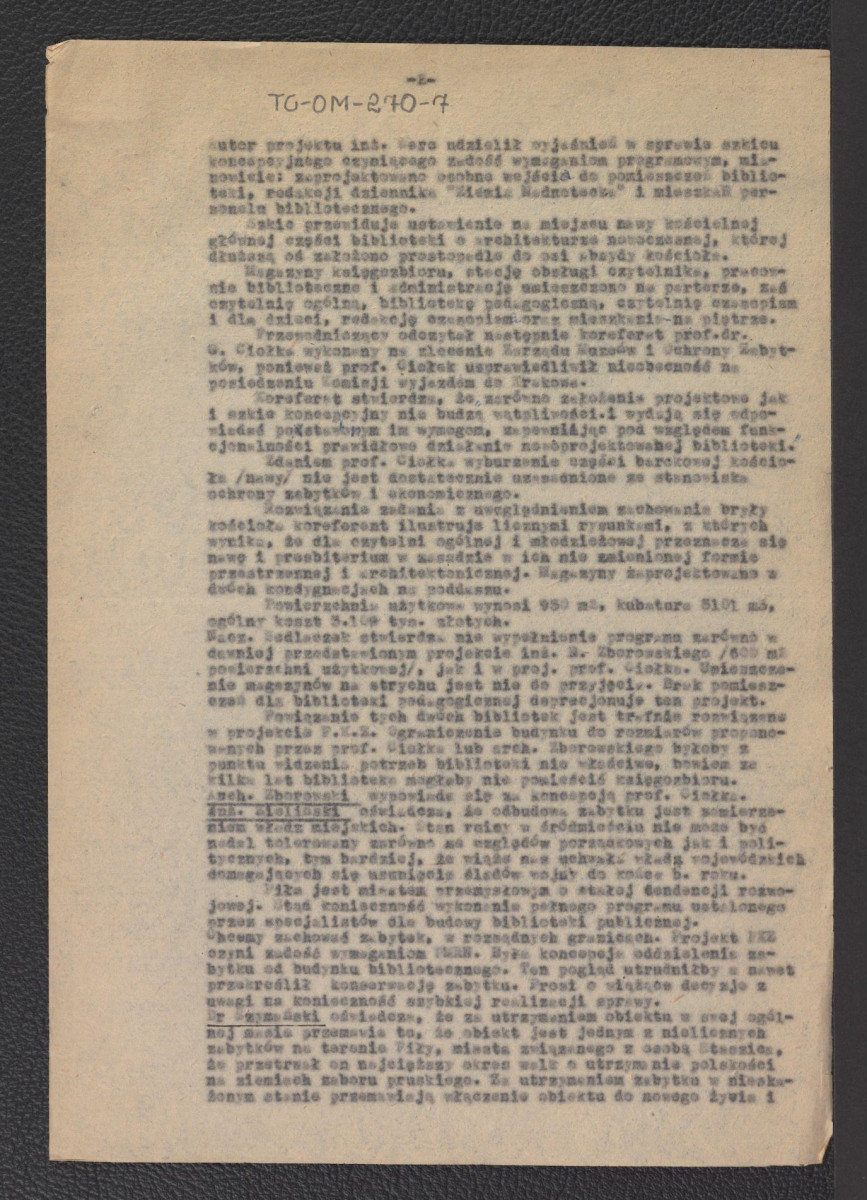protokół z posiedzenia Głównej Komisji Konserwatorskiej z dnia 17 września 1963 roku w sprawie założeń projektowych i szkicu koncepcyjnego adaptacji b. kościoła św. Jana na bibliotekę publiczną we wspomnianej miejscowości z dnia 20 września 1963, skan 2