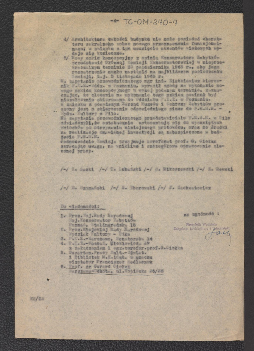 protokół z posiedzenia Głównej Komisji Konserwatorskiej z dnia 17 września 1963 roku w sprawie założeń projektowych i szkicu koncepcyjnego adaptacji b. kościoła św. Jana na bibliotekę publiczną we wspomnianej miejscowości z dnia 20 września 1963, skan 4
