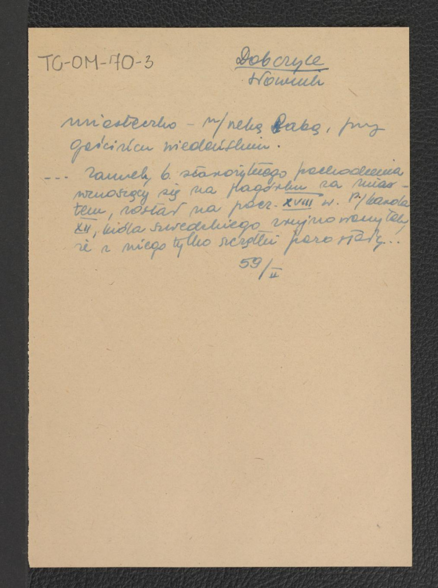 wypis z Kwestionariusza Ministerstwa Kultury i Sztuki z 1957 r. t. II, s. 59 wzmiankujący usytuowanie miejscowego zamku, skan 1