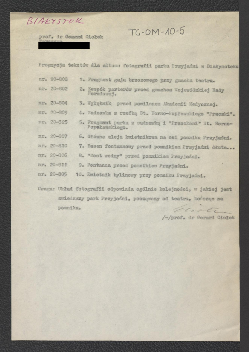 propozycja tekstów dla albumu fotograficznego dotyczącego Parku Przyjaźni w Białymstoku sporządzona przez G. Ciołka, skan 1