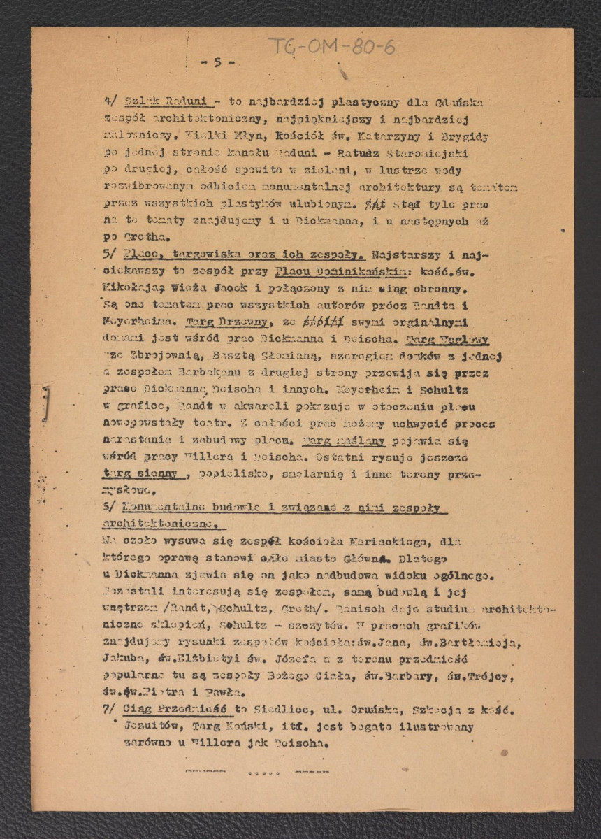 referat sekcyjny pt. Historyczna Architektura Gdańska w sztychach i obrazach wygłoszony przez mgr Janusza Ciemnołeńskiego podczas sesji naukowej Politechniki Gdańskiej w dniach 5-6 czerwca 1953 r., skan 5