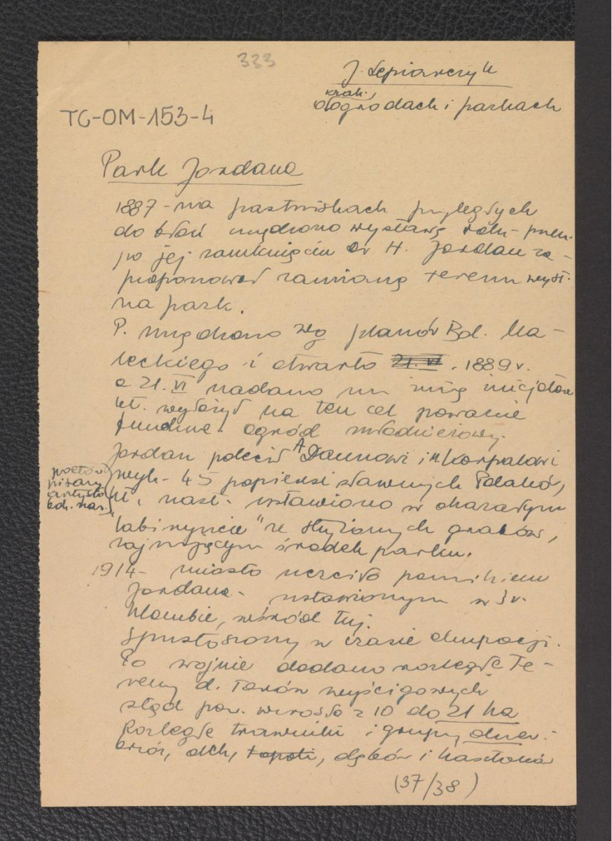 wypis z J., Kraków. O ogrodach i parkach, s. 37-38 dotyczący miejscowego założenia parkowego, skan 1