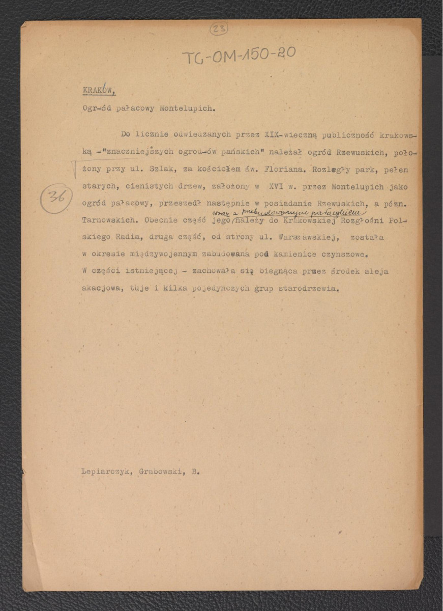 notatka kompilowana na podstawie Lepiarczyk, Grabowski dotycząca ogrodu pałacowego Montelupich, skan 1