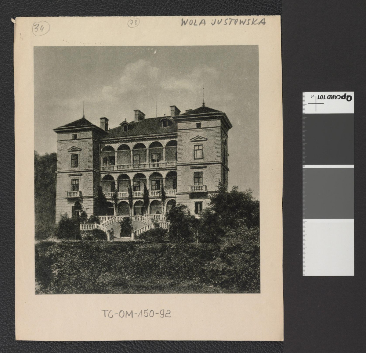 nadbitka fragmentu karty z Ciołek G., Ogrody polskie, Warszawa 1954, s. 27 przedstawiająca patrycjuszowską willę podmiejską w Woli Justowskiej, skan 1