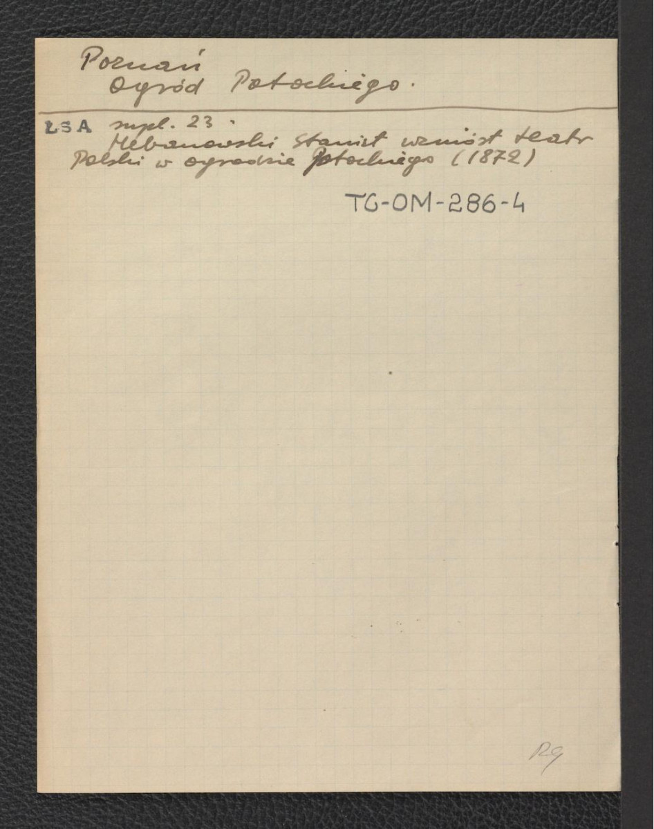 odnośnik bibliograficzny (ŁSA 23) wzmiankujący zaistnienie teatru w ogrodzie Potockiego w roku 1872 z inicjatywy Stanisława Hebanowskiego, skan 1