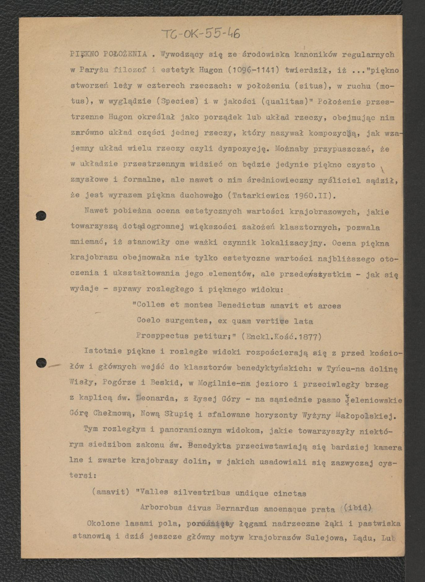 tekst w oparciu o Władysław Tatarkiewicz, Estetyka średniowieczna, Warszawa 1960 oraz Encyklopedia Kościelna, tom X, Warszawa 1877 opisujący wpływ piękna otoczenia krajobrazowo-przyrodniczego na wybór lokalizacji klasztorów, skan 1