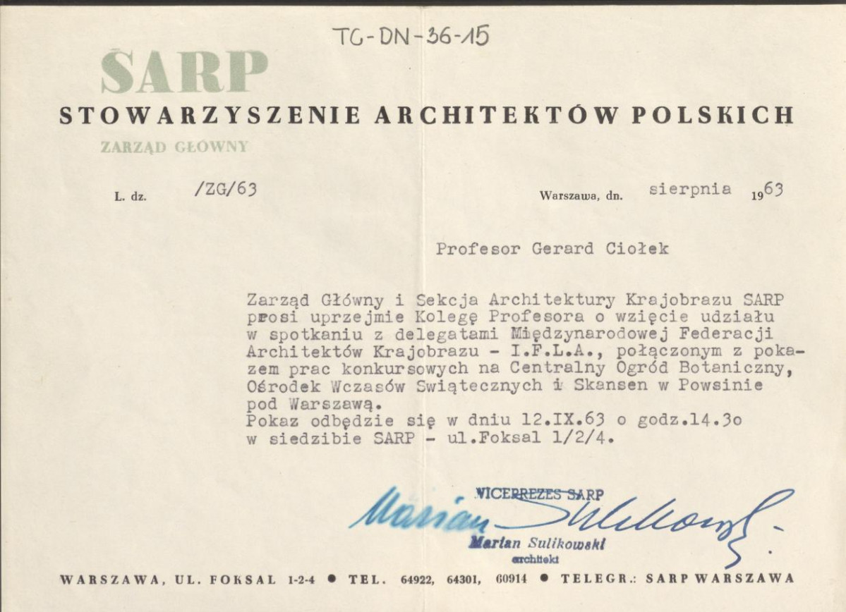 zaproszenia ze strony Zarządu Głównego i Sekcji Architektury Krajobrazu SARP z sierpnia 1963 r. do wzięcia udziału w spotkaniu z delegatami Międzynarodowej Federacji Architektów Krajobrazu , skan 1