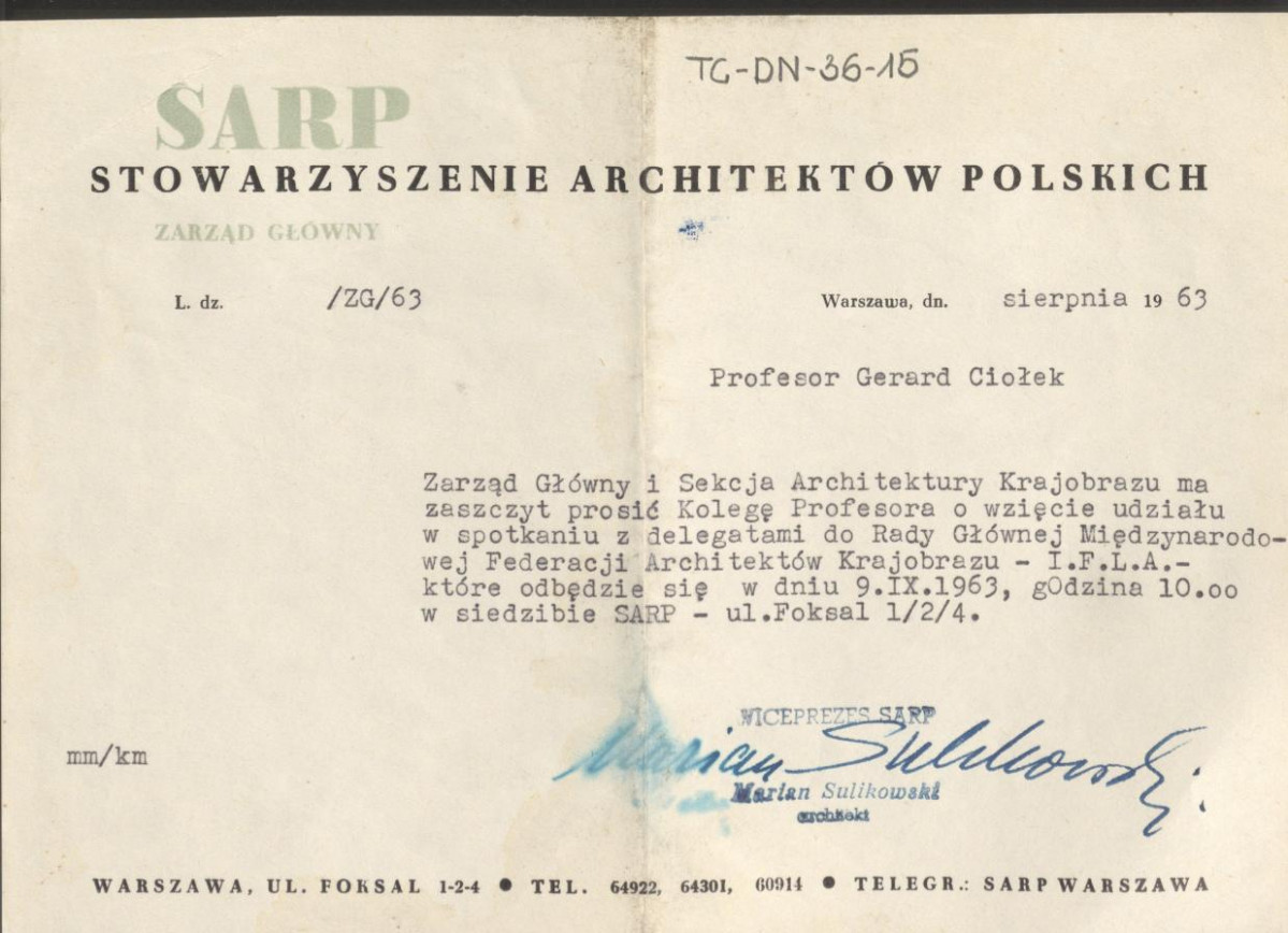 zaproszenia ze strony Zarządu Głównego i Sekcji Architektury Krajobrazu SARP z sierpnia 1963 r. do wzięcia udziału w spotkaniu z delegatami Międzynarodowej Federacji Architektów Krajobrazu , skan 2