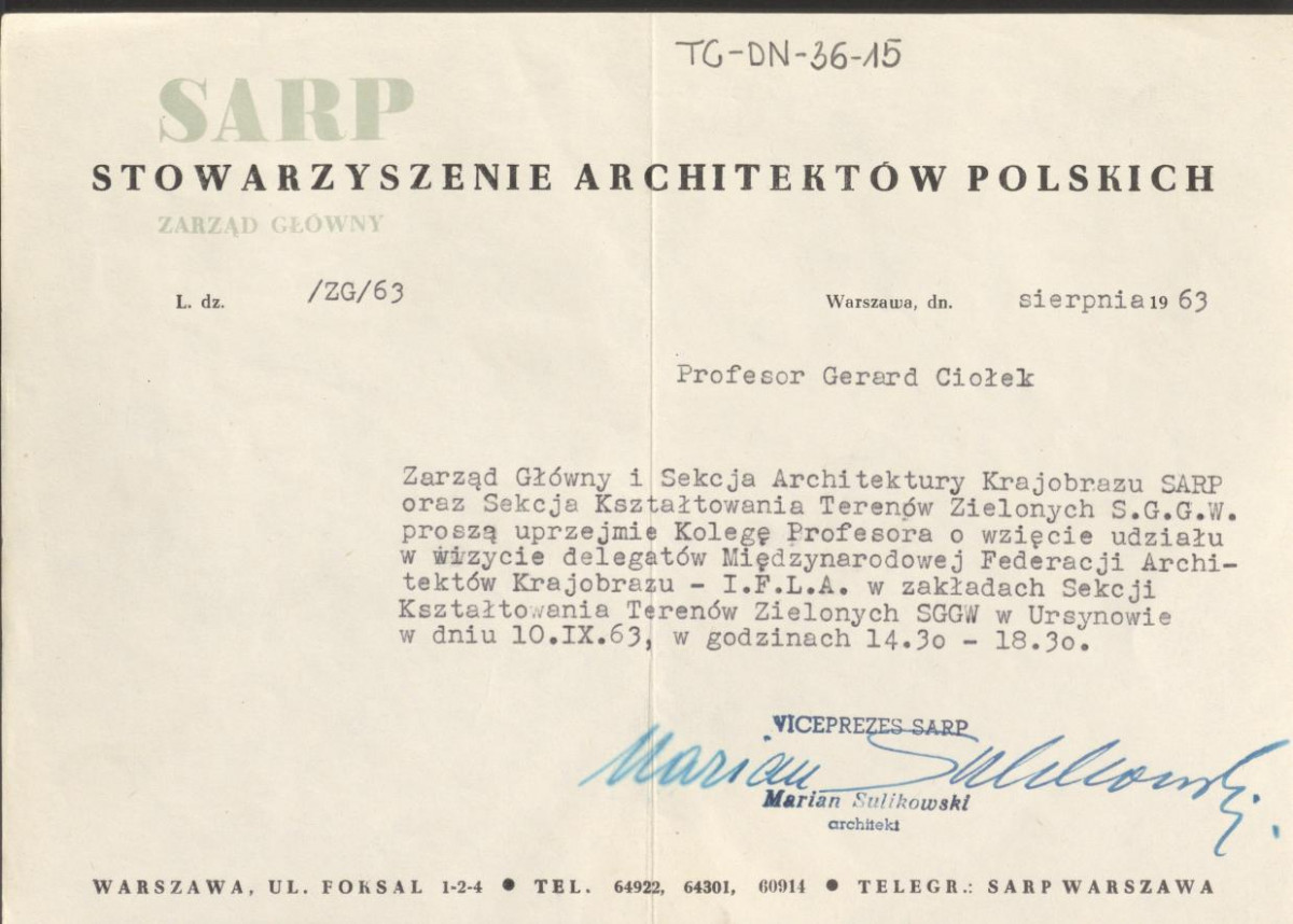 zaproszenia ze strony Zarządu Głównego i Sekcji Architektury Krajobrazu SARP z sierpnia 1963 r. do wzięcia udziału w spotkaniu z delegatami Międzynarodowej Federacji Architektów Krajobrazu , skan 3