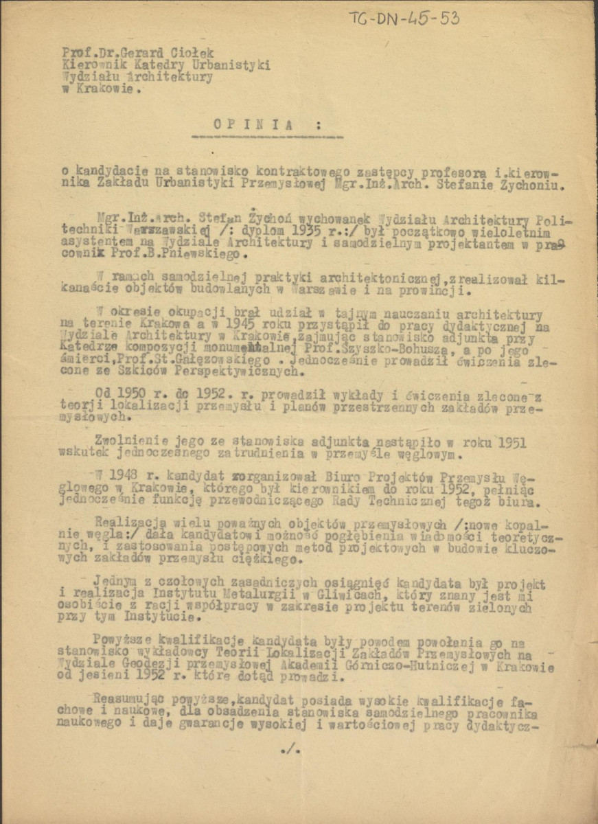 wniosek (wraz opinią) z dnia 24 stycznia 1953 r.  na obsadzenie przez Stefana Żychonia samodzielnego stanowiska pracownika naukowego na Katedrze Urbanistyki Wydziału Architektury Politechniki Krakowskiej , skan 2