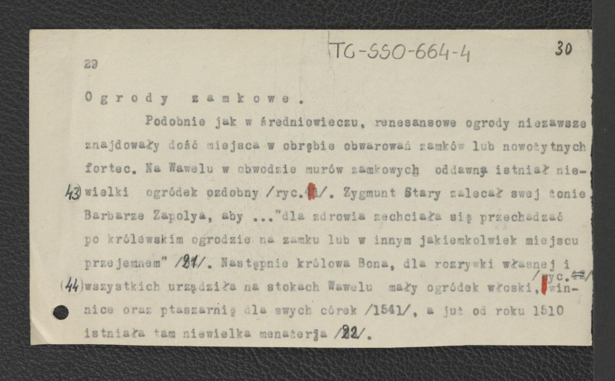 materiały robocze do tekstu pt.: ”Ogrody zamkowe”, karty luzem, podklejone, fragmenty kartek , skan 3