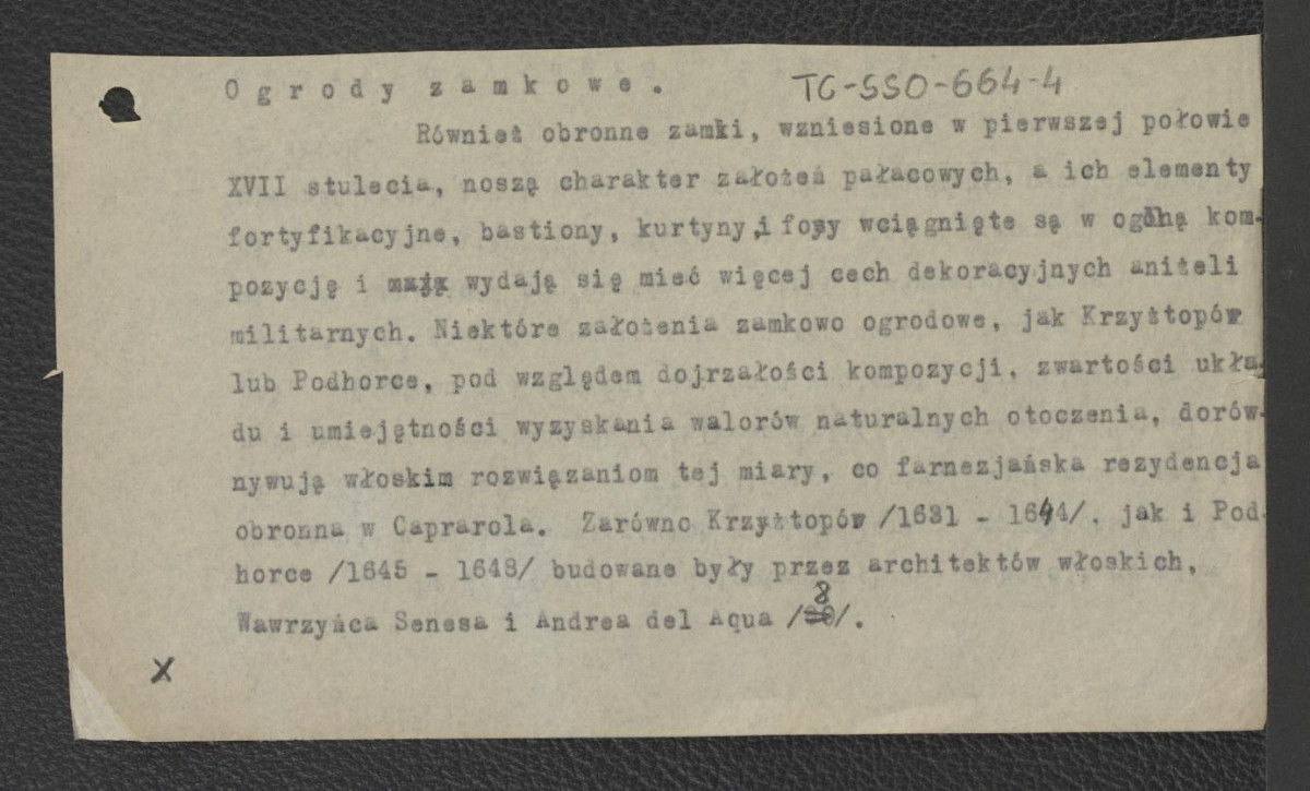materiały robocze do tekstu pt.: ”Ogrody zamkowe”, karty luzem, podklejone, fragmenty kartek , skan 4