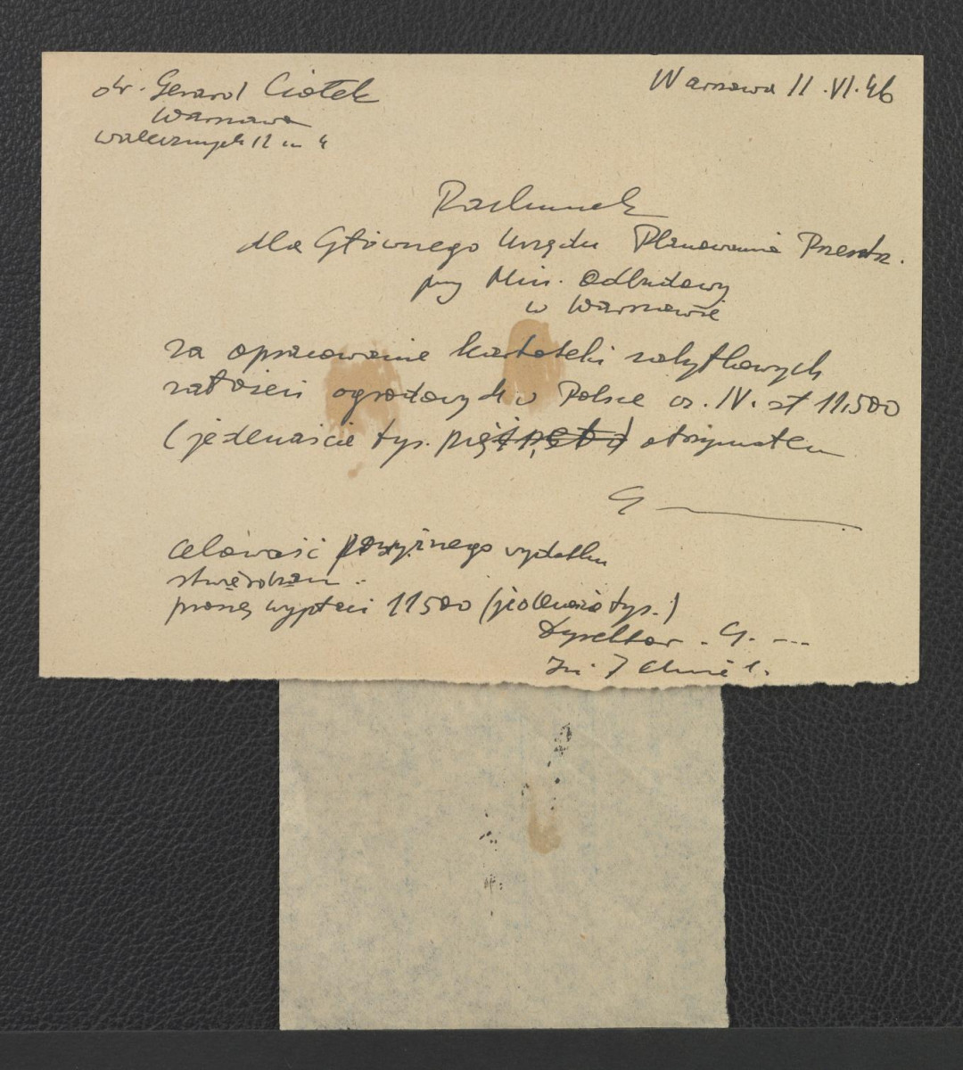 zawiadomienie o sprawozdaniu za maj 1946 roku dla Ministerstwa Kultury i Sztuki z 12 czerwca 1946 roku ze strony Urzędu Pełnomocnika na Okręg Mazurski Wydziału Kultury i Architektury , skan 2