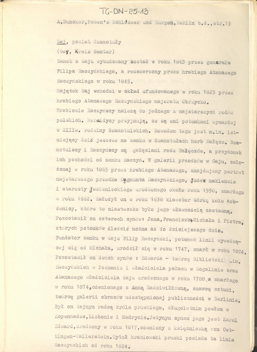 wypis z pracy "Pałace i zamki w Poznańskim w artystycznych, barwnych i wiernie z natury odtworzonych ilustracjach wraz z towarzyszącym im tekstem. Wydane przez Aleksadra Ducknera nadwornego księgarza Jego Królewskiej Mości. Berlin b.d. Nakładem Aleksandra Ducknera nadwornego księgarza królewskiego", s. 13, skan 1