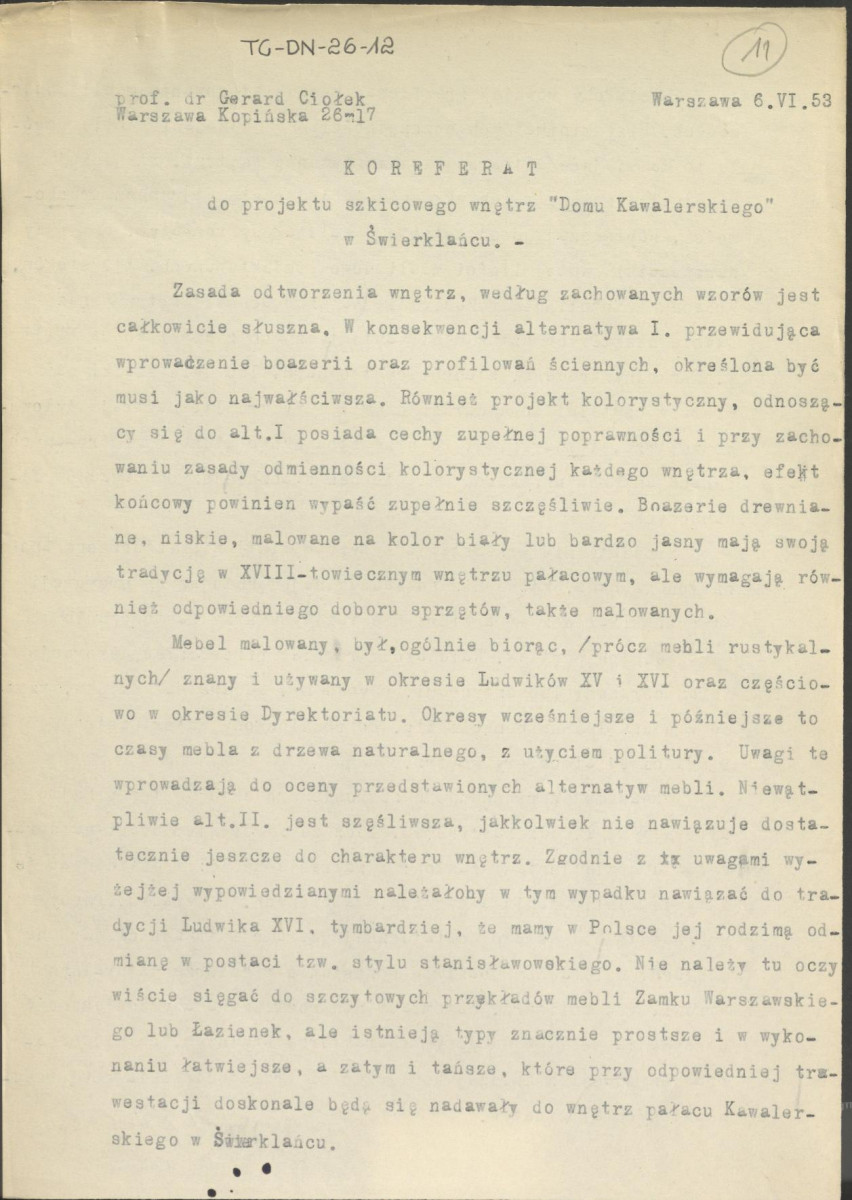 Koreferat z dnia 6 czerwca 1953 r. do projektu szkicowego wnętrz "Domu Kawalerskiego" w Świerklańcu, skan 1