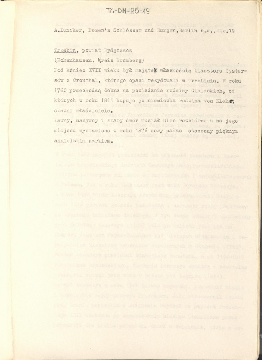 wypis z pracy "Pałace i zamki w Poznańskim w artystycznych, barwnych i wiernie z natury odtworzonych ilustracjach wraz z towarzyszącym im tekstem. Wydane przez Aleksadra Ducknera nadwornego księgarza Jego Królewskiej Mości. Berlin b.d. Nakładem Aleksandra Ducknera nadwornego księgarza królewskiego", s. 19, skan 1