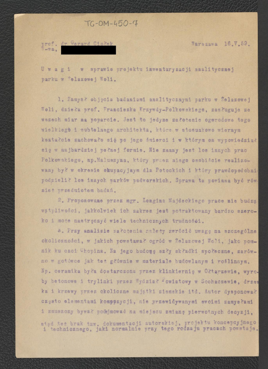 uwagi w sprawie projektu inwentaryzacji analitycznej parku w Żelazowej Woli z dnia 16 maja 1959 roku, skan 1