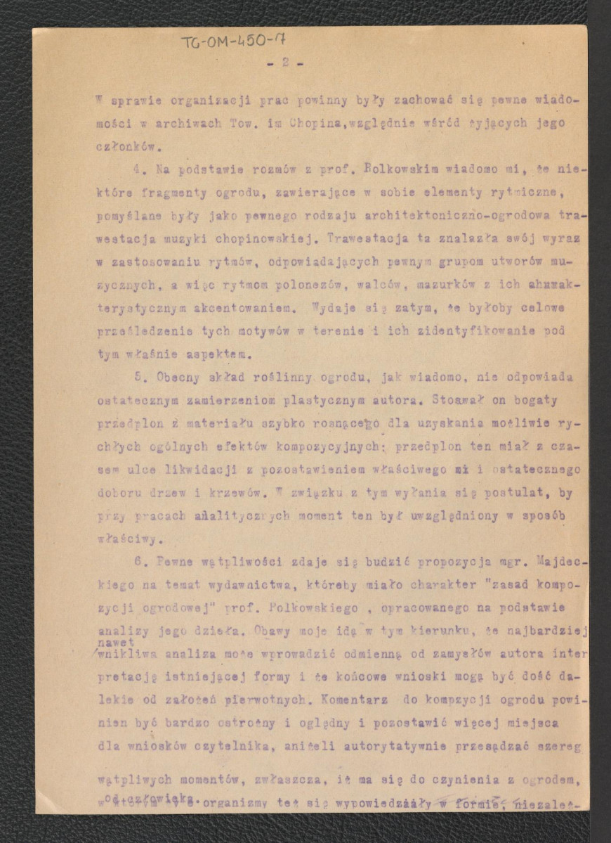 uwagi w sprawie projektu inwentaryzacji analitycznej parku w Żelazowej Woli z dnia 16 maja 1959 roku, skan 2