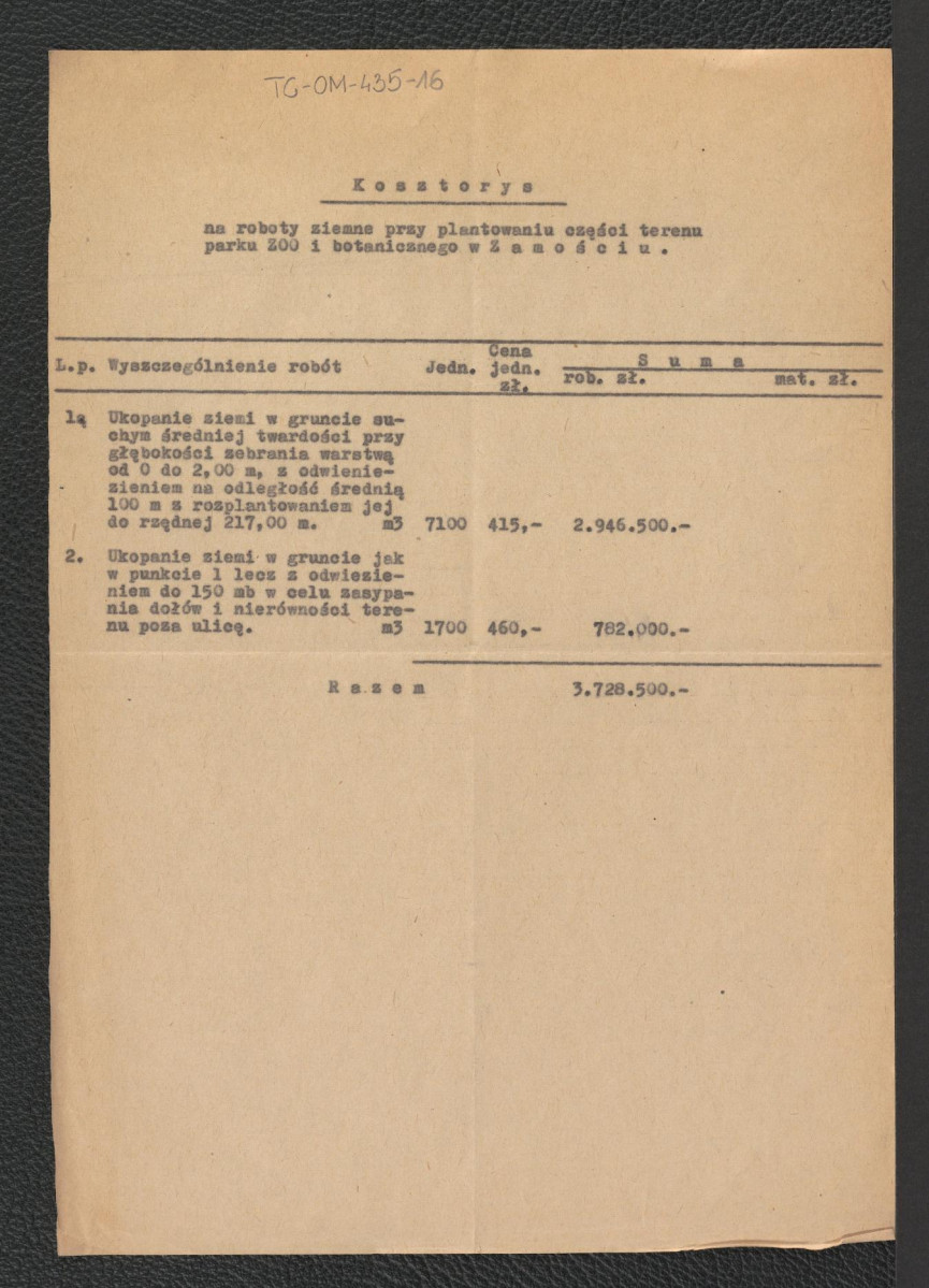 kosztorys na roboty ziemne przy plantowaniu części terenu parku ZOO i Botanicznego w Zamościu, skan 1