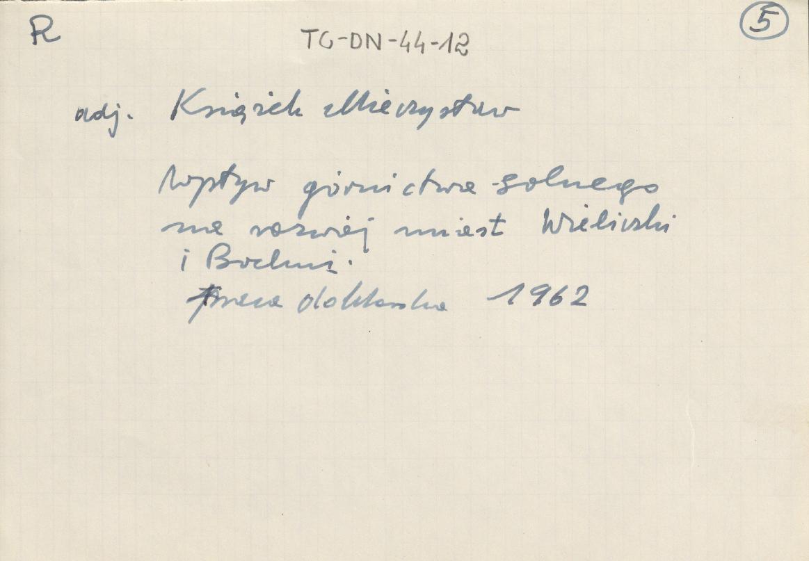 Książek Mieczysław, Wpływ górnictwa solnego na rozwój miast  Wieliczki i Bochni, 1962 (fiszka zawierająca nazwisko autora i temat jego pracy doktorskiej), skan 1