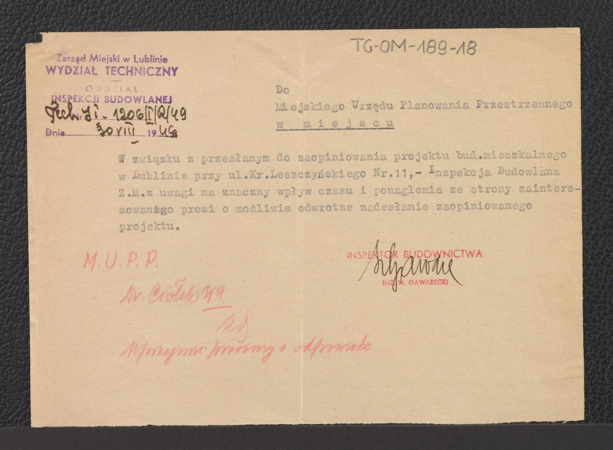 prośba ze strony Oddziału Inspekcji Budowlanej Wydziału Technicznego Zarządu Miejskiego w Lublinie (z dnia 30 sierpnia 1949 roku) w sprawie przesłania zaopiniowanego projektu, skan 1