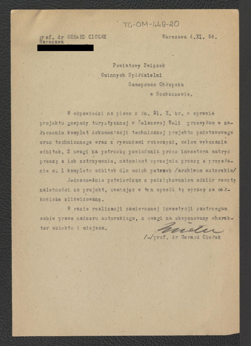 potwierdzenie ze strony Gerarda Ciołka o odbiorze reszty wynagrodzenia za podjęty projekt oraz prośba o przesłanie kompletu odbitek wykonanych rysunków na potrzeby archiwum autorskiego – z dnia 4 listopada 1954 roku, skan 1