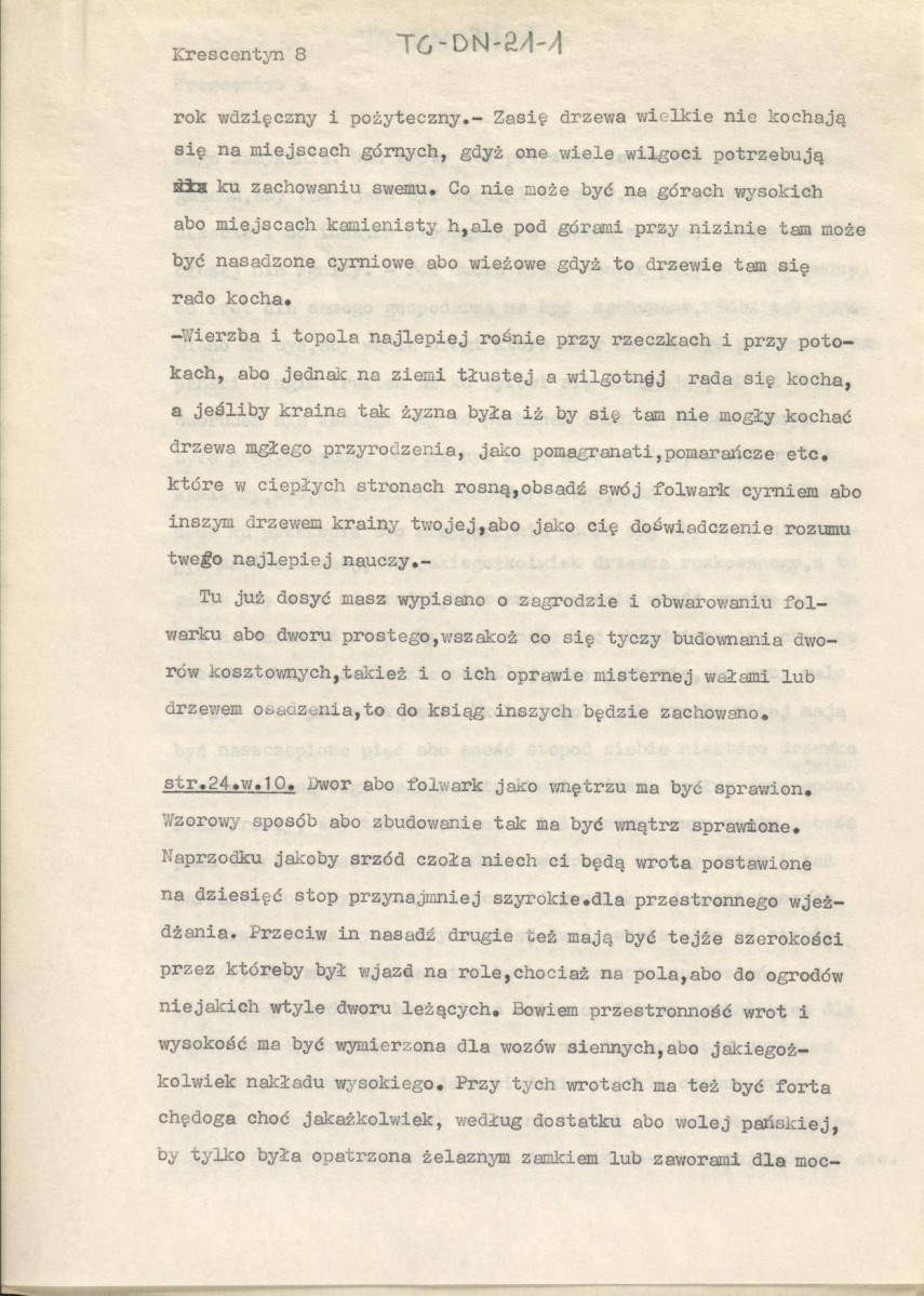wypis z "Piotra Crestentyna księgi o gpspodarstwie i opatrzeniu rozmnożenia rozlicznych pożytków, każdemu stanowi potrzebne. Drukowano w Krakowie u Heleny Florianowej (roku 1542)" , skan 8