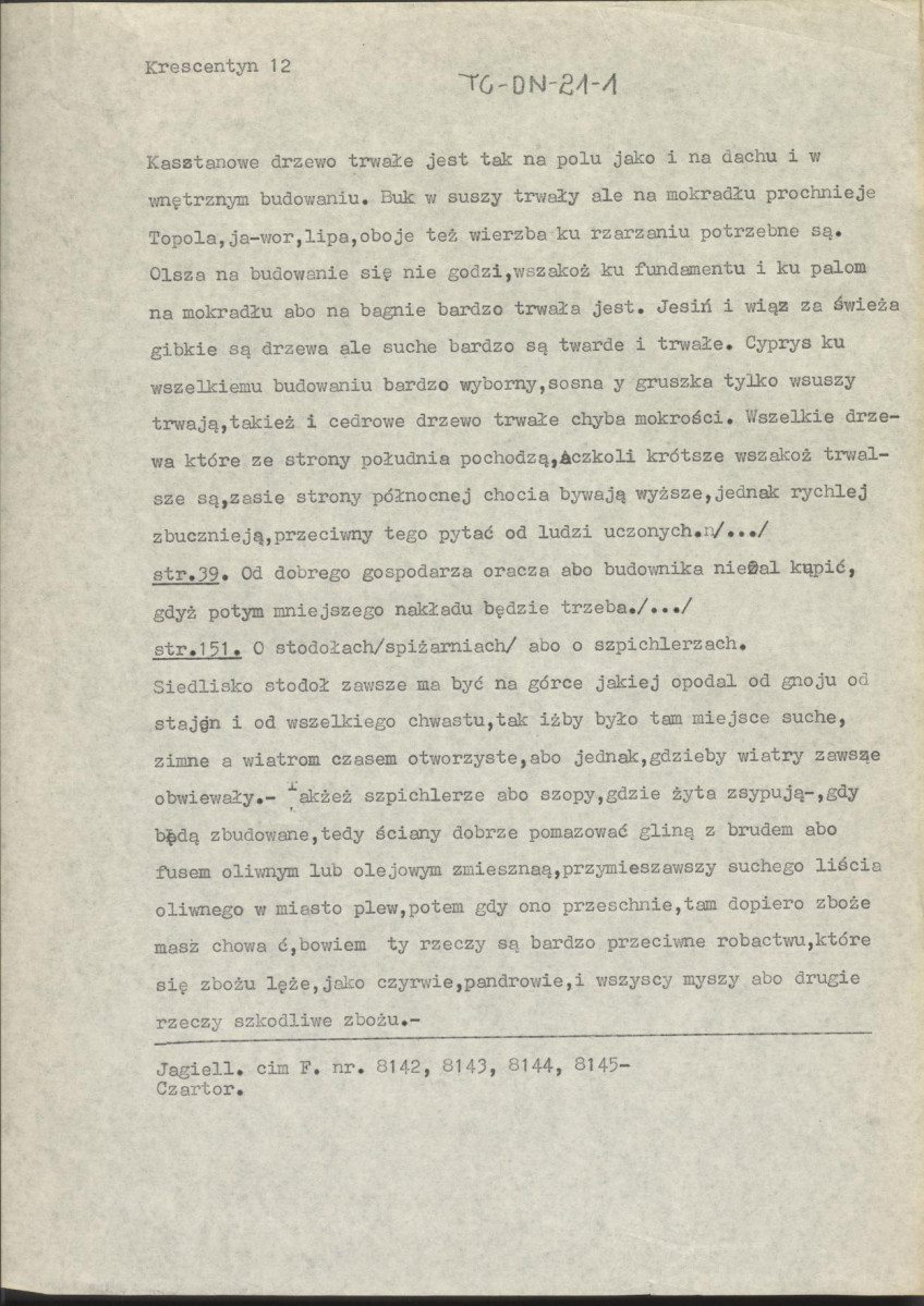 wypis z "Piotra Crestentyna księgi o gpspodarstwie i opatrzeniu rozmnożenia rozlicznych pożytków, każdemu stanowi potrzebne. Drukowano w Krakowie u Heleny Florianowej (roku 1542)" , skan 12